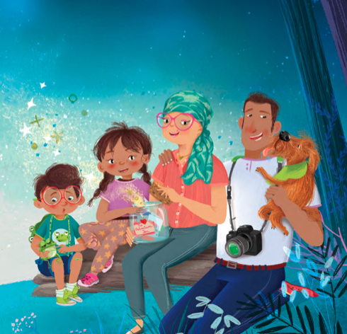 Scène familiale souriante avec une femme portant un foulard, deux enfants et un chien de compagnie, représentant les soins et l'espoir du TNBC au Canada